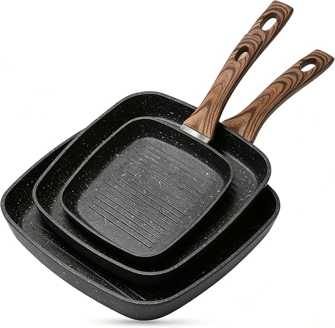 HealSmart 3 Pieces Nonstick Grill Pan Set, Square Cooking Skillets with Wooden Handles, PFOA-Free Multi-size Griddle Pans Fit All Stovetops, Indoor & Outdoor Cooking, 9.5",10.2",11", Black