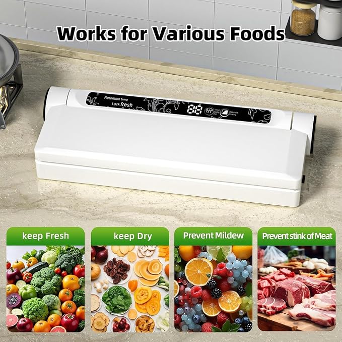Compact Vacuum Sealer Machine, 75KPA Strong Suction, LED Digital Timer Display, Dual Use for Dry & Wet Foods, Includes 20 Bags, Ideal for Home Kitchen Use, White