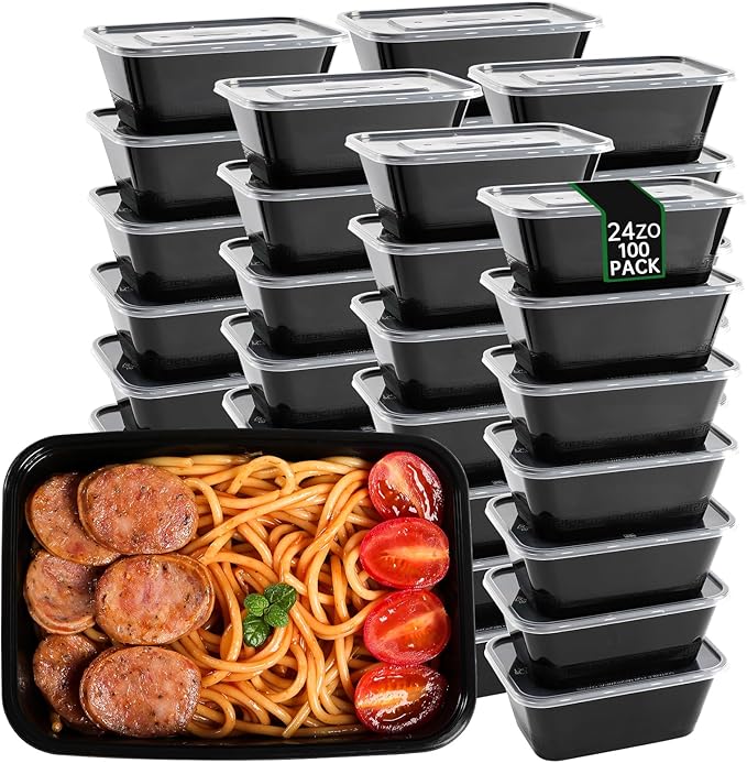 100pc 24 oz square meal prep containers with lids ,disposable to go food containers,Plastic take out food containers With Lid, Reusable food storage containers ，Microwave Freezer Dishwasher Safe