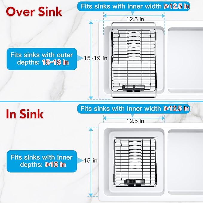Expandable Stainless Steel Dish Drying Rack Over The Sink For Small Kitchen, Counter Space Saving Compact Black Metal Plate Drain Strainer, Adjustable Hanging In Sink Rust Proof Wire Dryer Holder
