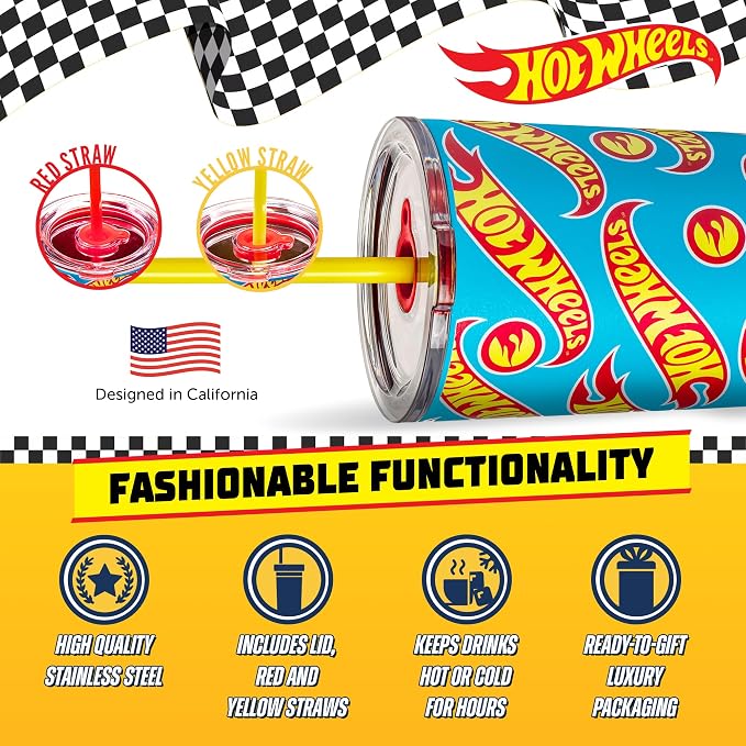 Dragon Glassware x Hot Wheels Tumbler with Straw, 24 oz - Race Team | Vacuum Insulated Stainless Steel Tumbler with Straw & Lid; Double Walled Tumbler with Straw; Hot Wheels Cup with Lid