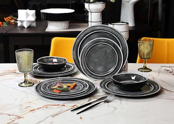 Melamine Dinnerware Sets- 12pcs Melamine Plates and Bowls Set for 4, Suitable for Indoor and Outdoor Use, Black