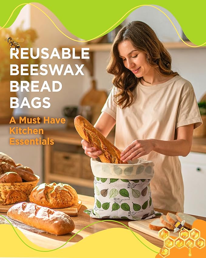 Beeswax Bread Bag for Homemade Sourdough, Sourdough Bread Bags with Zipper, 2 Pack Cotton Large Airtight Food Storage Bags to Keep Fresh