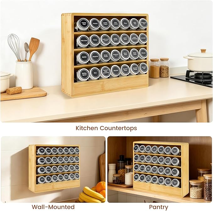 Bamboo Tiered Spice Rack Organizer for Cabinet,Wooden Seasoning Rack for Countertop, Cupboard, Pantry, Kitchen (Spice Jars Not Included)