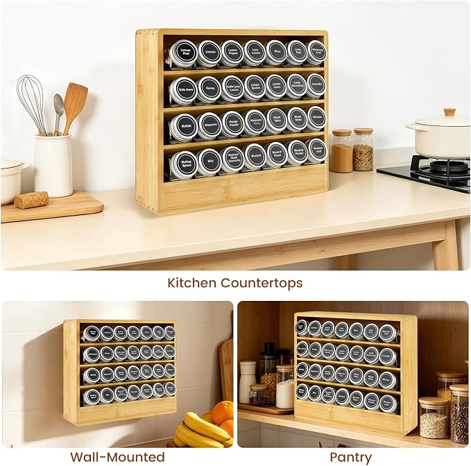 Bamboo Tiered Spice Rack Organizer for Cabinet,Wooden Seasoning Rack for Countertop, Cupboard, Pantry, Kitchen (Spice Jars Included)