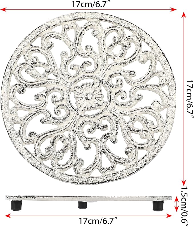 Sumnacon 2Pcs Round Cast Iron Trivets - 6.7 Inch Heat Resistant Iron Trivets for Hot Dish Pot Pan Plate Teapot, Rustic Cast Iron Hot Dish Plate Holder for Kitchen Dining Table Countertop Cooktop,White
