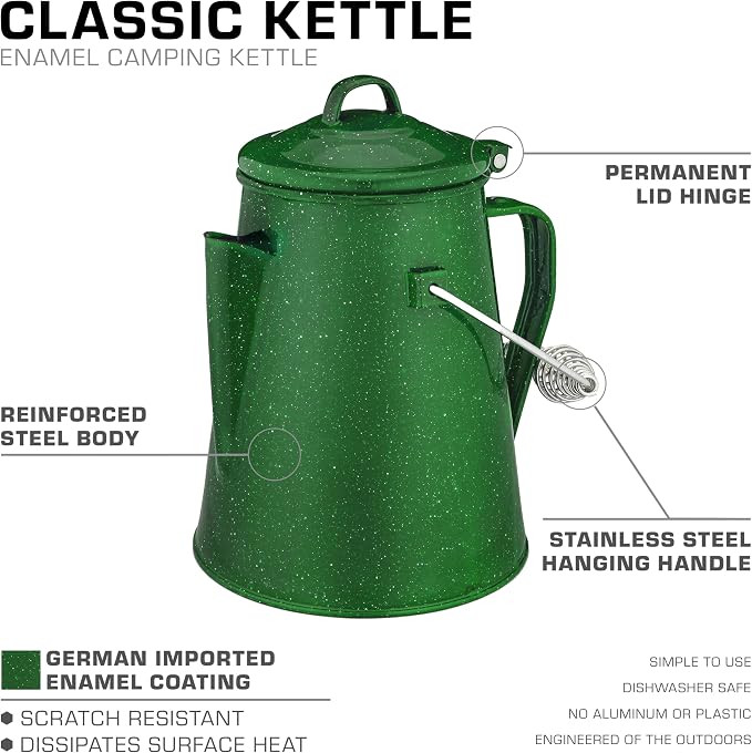 COLETTI Classic Camping Kettle 60 oz — Tea and Camp Kettle, NO Aluminum or Plastic, Ideal for Boiling Water [Green Enamel]
