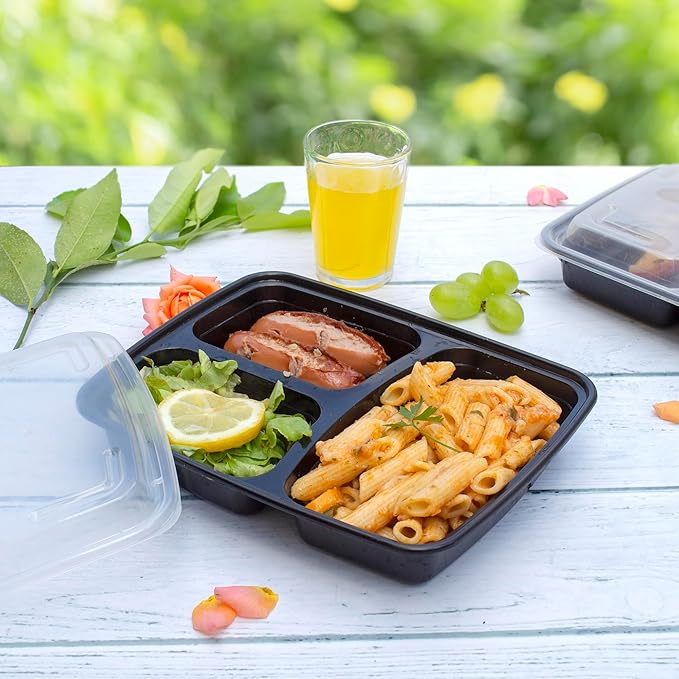 GUSTO [24 oz - Case of 150 3-Compartment Meal Prep Containers with Lids – Reusable, Microwaveable, Dishwasher & Freezer Safe, BPA-Free Food Storage Boxes for Portion Control (Formerly Comfy Package)