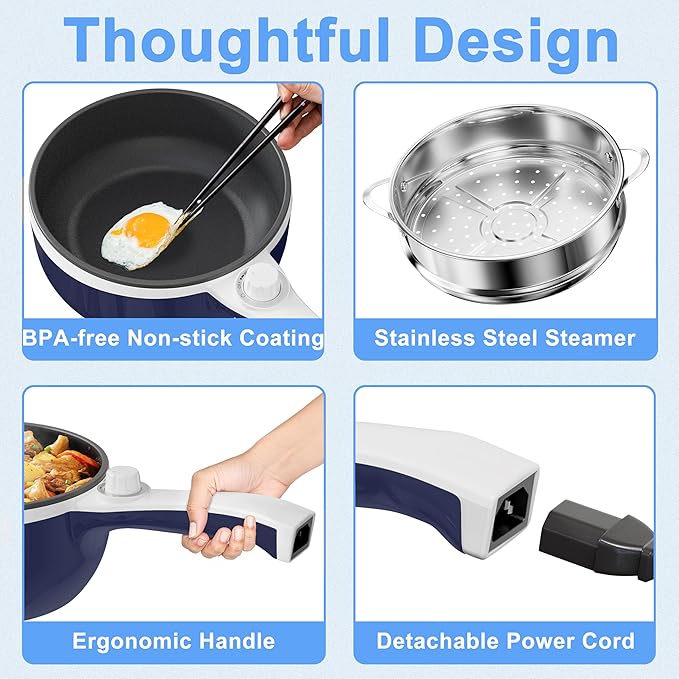 Dezin Hot Pot Electric with Steamer Upgraded, Non-Stick Sauté Pan, Rapid Noodles Electric Pot, 1.5L Mini Pot for Steak, Egg, Fried Rice, Ramen, Oatmeal, Soup with Power Adjustment