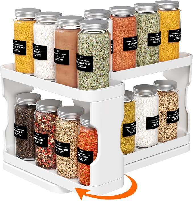 Lifewit Spice Rack Organizer for Cabinet, Slide & Rotate Spice Organizer, Double 3-tier Adjustable Shelves with Fence & Non-Skid Pad, Seasoning Medicine Organization, 9.2" H x 6.1" W x 11.4" D, White