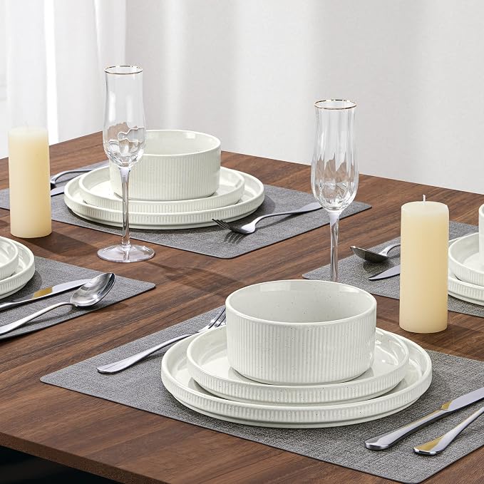LIANYU Dinnerware Plates and Bowls Dishes Set, 8 Piece Stoneware Sets with Pasta Bowls for 2, Ribbed Ceramic Kitchen Dishware for Home, Microwave and Dishwasher Safe, Speckled White