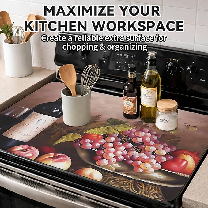 Decorative Stove Top Covers for Electric Stove 28"x20" – Heat Resistant Glass Cooktop Protector Dish Drying Mat – Non-Slip Rubber Backing Washer Top Cover Waterproof Extra Counter Space (Wine)