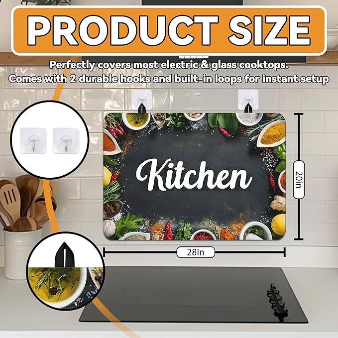 Decorative Stove Top Covers for Electric Stove 28"x20" – Heat Resistant Glass Cooktop Protector Dish Drying Mat – Non-Slip Rubber Backing Washer Top Cover Waterproof Extra Counter Space (Kitchen 5)
