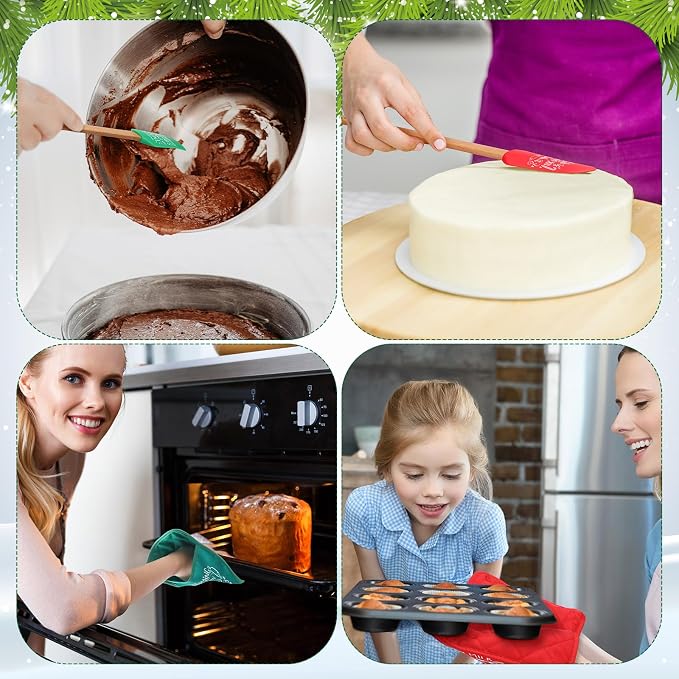 Zhehao 12 Pcs Christmas Silicone Spatulas Pot Holders Set Heat Resistant Pot Holders with Pocket Baking Gifts for Christmas Gift Party Supplies (Classic Christmas Style)