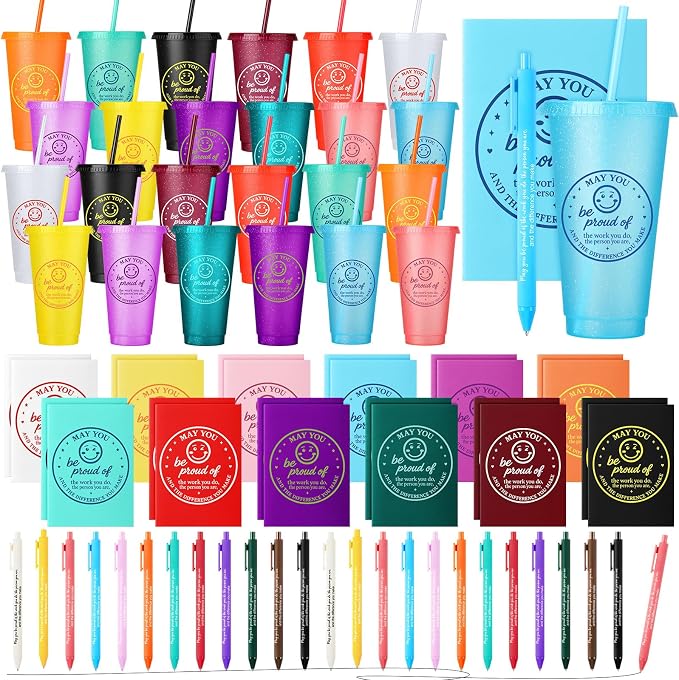 Feifeiya 72 Pcs/ 24 Set Bulk Mugs Gifts Set for Coworkers Employees 24 oz Tumbler with Lids and Straws Motivational Pens Inspirational Notepads Plastic Cup Gift for Staff Week Gift