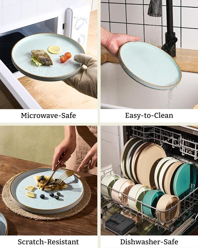 Famiware Star 18-Piece Stoneware Dinnerware Set for 6 – Blue, Ribbed Ceramic Plates and Bowls with Rim – Modern Rustic Dishes, Everyday & Formal – Chip & Scratch Resistant, Microwave & Dishwasher Safe