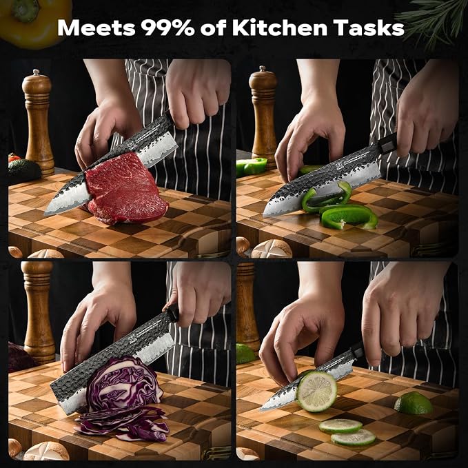 FAMCüTE Japanese Knife Block Set, Hand Forged 5-Layer 9CR18MOV Clad Steel Ultra Sharp Kitchen Knives with Wooden Storage & Rosewood Handle, Includes Chef, Santoku, Nakiri, Fruit Knife for Home Mom/Dad | Hand Forged 5-Layer 9CR18MOV Clad Steel Chef Kniv...