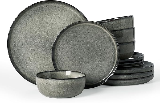 Famiware Milkyway Stoneware Dinnerware Set, 12-Piece, Double Reactive Glaze, Plates and Bowls, Service for 4, Microwave and Dishwasher Safe, Scratch-Resistant, Greenish Brown