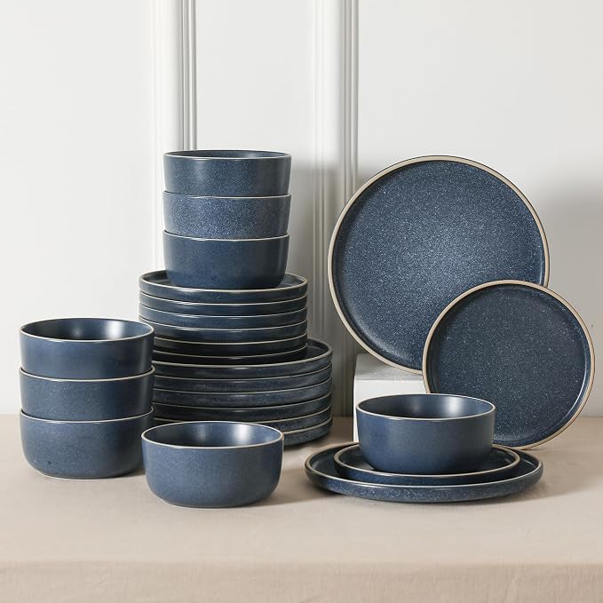 Earth & Clay Amber 24-Piece Dinnerware Set Stoneware, Dishwasher and Microwave Safe Plates and Bowls Set, Dish Set for 8, Blue