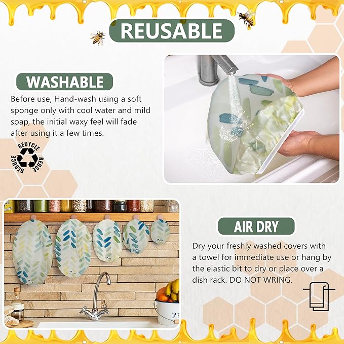 Beeswax Bowl Covers Set of 5 (XS–XL) – Reusable Elastic Food Covers for Bowls – Organic Cotton with Beeswax, Washable & Plastic-Free | Li’l Things – Paintbrush