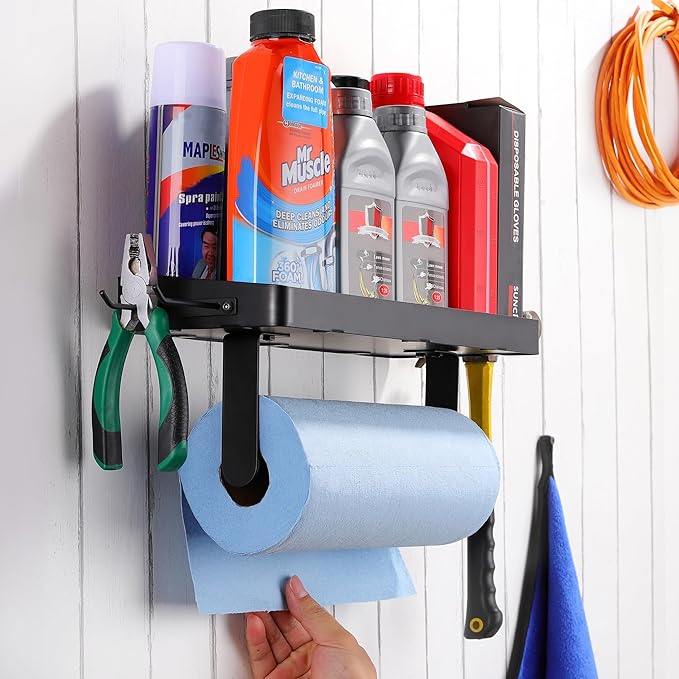 YIGII Garage Paper Towel Holder with Shelf, Wall-Mount Heavy Duty Paper Towel Rack with 4 Hooks, One-Hand Tear Tissue Holder for Workbench, Craft Room & Clean Station, Black