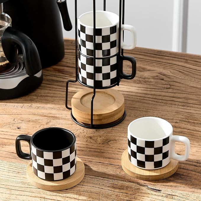 LUKA Ceramic Stackable Black and White Checkered Espresso Cups with Saucers and Metal Stand, 4 Ounce Small Demitasse Cups Set for Coffee Drinks, Latte, Tea - Set of 4