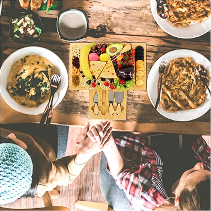 Bamboo Cheese Board and Knife Set – Wooden Serving Platter with Hidden Utensil Drawer – Charcuterie Board for Cheese, Meat, Fruits & Crackers – Elegant Serving Tray for Parties & Gifts
