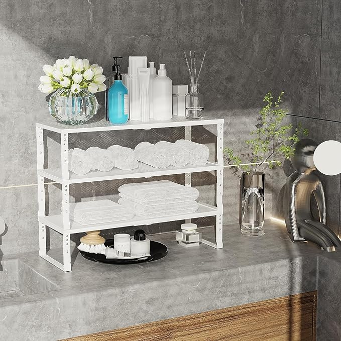 Jojocross Expandable Cabinet Shelf Organizer Storage Spice Rack Shelves for Kitchen Stackable Adjustable Pantry Cupboard Bathroom Countertop Desktop(2Packs/White/Medium-with Hole)