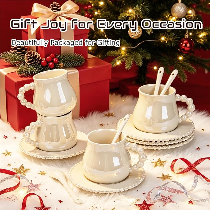 Cappuccino Cups Set of 4, 8oz Espresso Cups Set with Saucers and Spoons, Pearlescent Ceramic Coffee Tea Cups for Latte, Mocha, Au Lait, Dishwasher & Microwave Safe, Art Deco