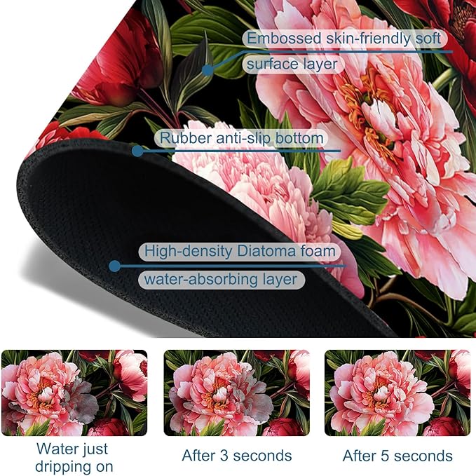 Blooming Peony Sink Splash Guard Pink Peony Flowers Faucet Absorbing Mat Fast Drying Mat Sink Gadgets Splash Guard Behind Faucet Drip Catcher for Kitchen Bathroom, 23.5"x5.5"