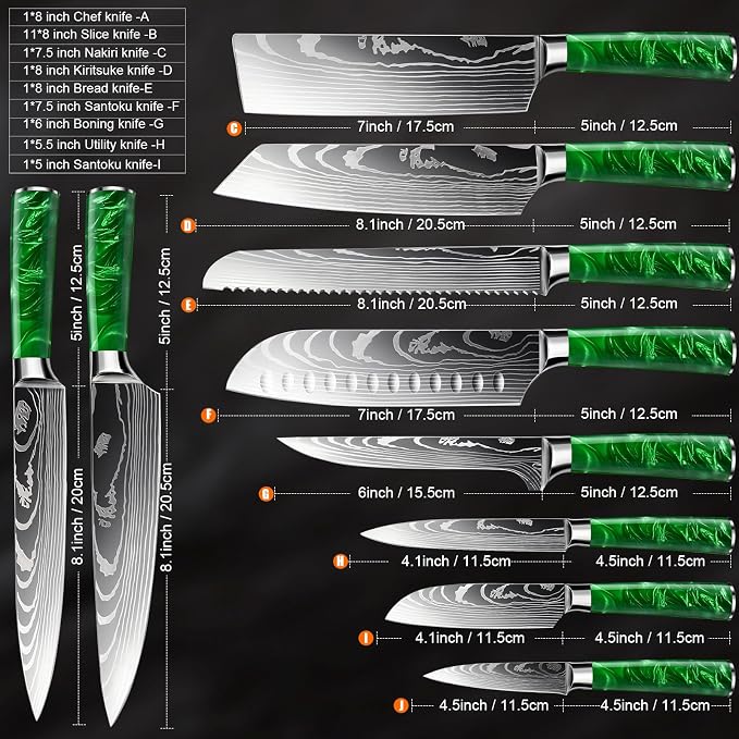 8-Piece Premium Japanese Kitchen Knife Set - Star Collection, Laser Damascus Pattern, 440A Stainless Steel Ultra Sharp for Fast Cutting (Green 8J)