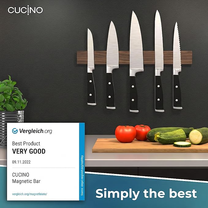 CUCINO Magnetic Knife Holder for wall, 16" no drilling required, includes self-adhesive tape, extra strong for holding knives – Awarded magnet strip – Walnut