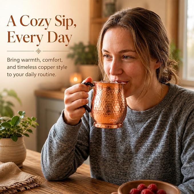 20oz Pure Copper Mug with Lid – Handcrafted Hammered Copper Tumbler for Water, Coffee & Daily Wellness