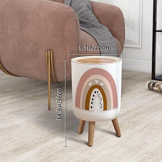 Trash Can with Lid Nursery Print for Playroom Kids Baby Bedrooms Press Top Round Small Garbage Bin with Wooden Legs Waste Basket for Kitchen Bedroom Nursery 7L/1.8 Gallon