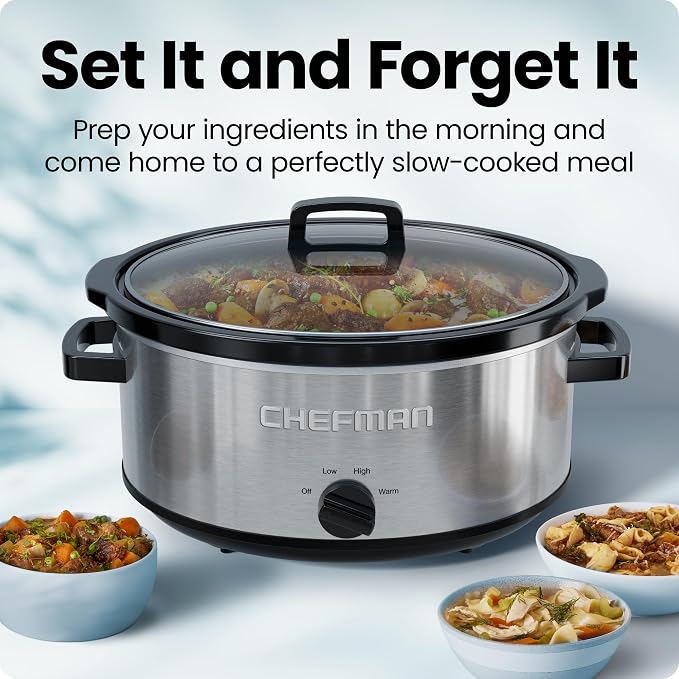 Chefman Slow Cooker 7 Quart, Large Family Size Slow Cooker with Low, High & Warm Settings, Removable Ceramic Crock, Tempered Glass Lid, Dishwasher-Safe for Easy Cleanup, Stainless Steel