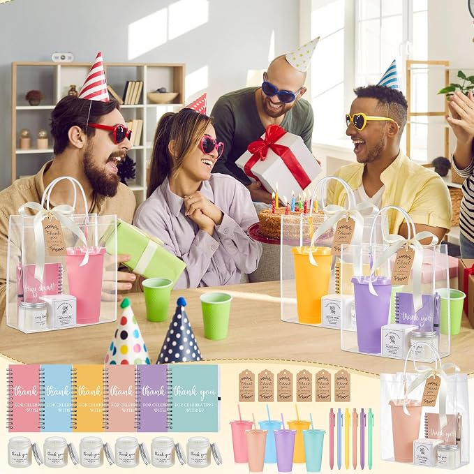 Nuogo 6 Sets New Parent Shower Prizes for Player Winners Adult, Wedding Bridal Shower Gift, Plastic Tumbler Notebook Scented Candle Ballpoint Pen Bag (Colorful,Classic Style)