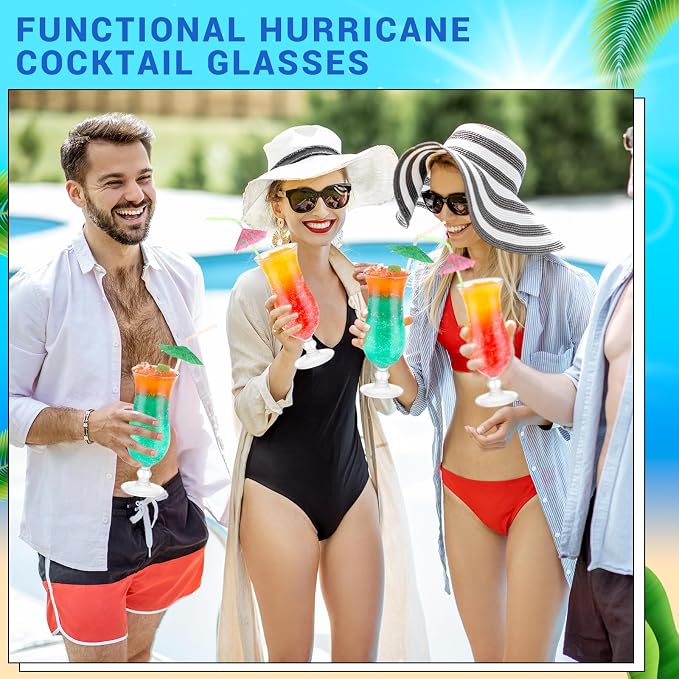 Baderke 12 Pcs Plastic Hurricane Glasses 13.5oz Break Resistant Reusable Plastic Pina Colada Cocktail Glasses Wine Margarita Tropical Beer Juice Beach Party with 30 Pcs Cocktail Straws