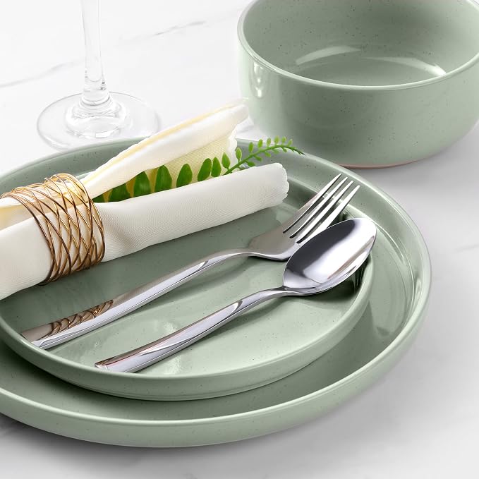 LIANYU Plates and Bowls Sets for 8, 24 Piece China Dinnerware Stoneware Set, Porcelain Dishware for Microwave, Dishwasher, Oven, High temperature Resistant, Fog Green
