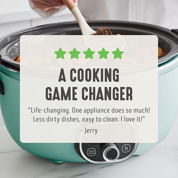 GreenLife 6QT Ceramic Slow Cooker, PFAS-Free, Programmable, Removable Healthy Nonstick Pot for Family Meals, Sear on Stovetop, Keep Warm, Digital Timer, Dishwasher Safe Crock, Turquoise