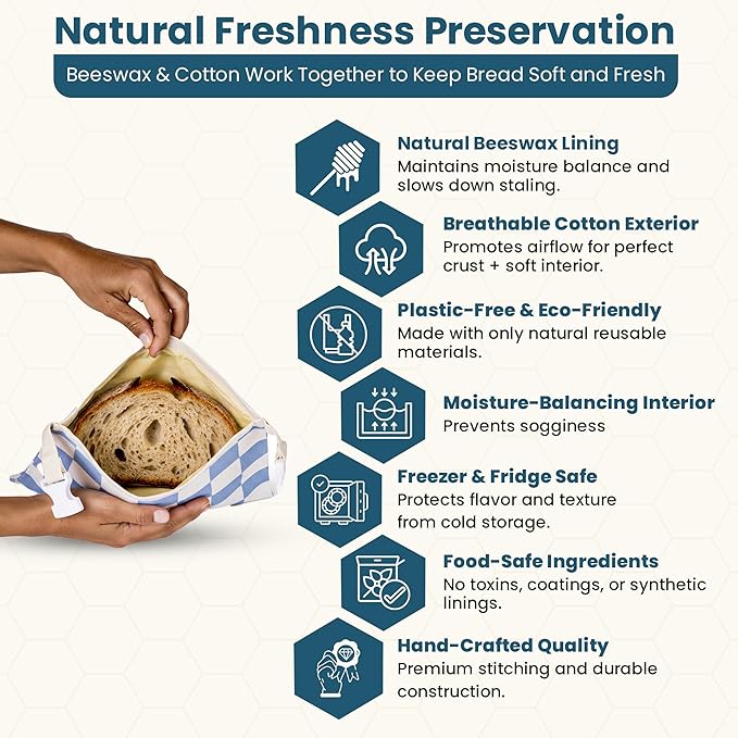 3-Pack Reusable Beeswax Bread Bags (XL, M, S) - Organic Cotton Beeswax Bread Storage Bag for Homemade Bread & Sourdough Freezer-Safe, Breathable & Freshness Support - Eco-Friendly Bread Bag