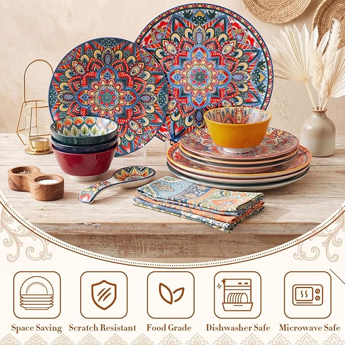 Domensi 12 Pieces Ceramic Dinnerware Sets Porcelain Plates and Bowls Set Service for 4 Ceramic Boho Dishes Tableware Bohemian Style Diningware Housewarming Wedding Gift