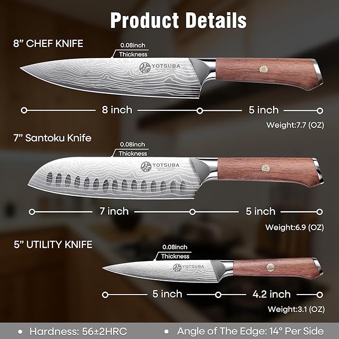 YOTSUBA Kitchen Knife Set 3 PCS, Ultra Sharp Japanese Knife Set, High Carbon Stainless Steel Blade With Smooth Ergonomic Handle for Home & Restaurant Use