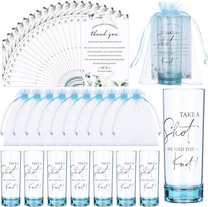 Sliner 50 Set Wedding Favors for Guests Bulk 2oz Acrylic Take a Shot We Tied the Knot Shot Glasses with Thank You Cards Organza Bags for Guest Souvenirs Wedding Newlyweds Bridal Shower Gifts (Blue)
