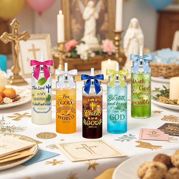 50 Pack Christian Gifts for Women Bulk, 17oz Bible Verse Plastic Cups with Lids, Straws and Satin Bows, Religious Inspirational Tumblers for Mom/Teacher, Church Baptism VBS Party Favors