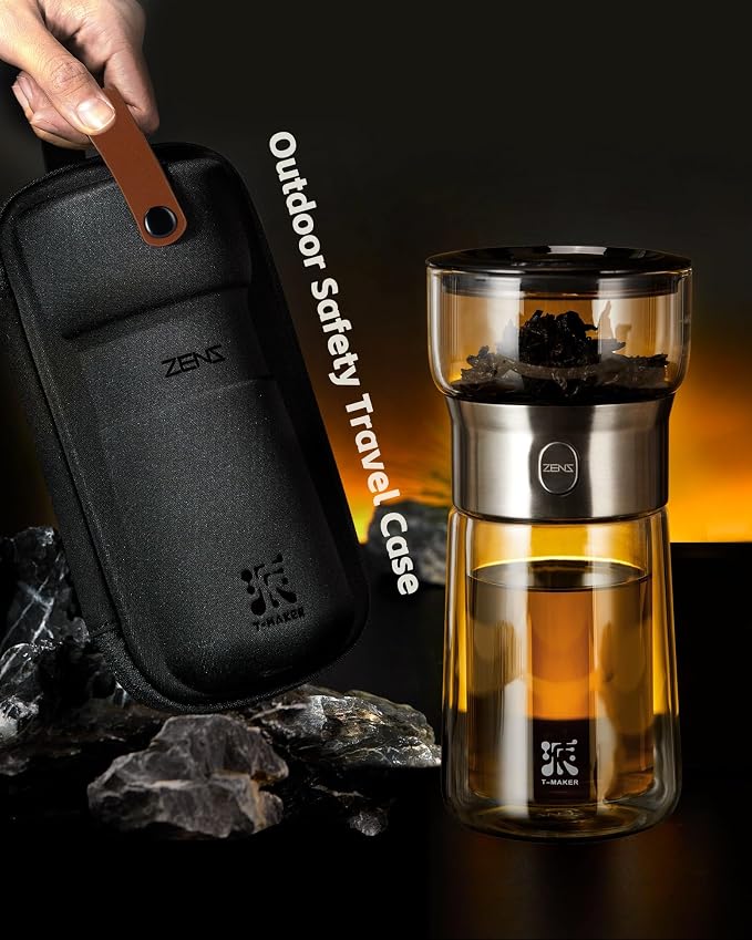 ZENS Modern Tea Infuser Teapot, One Touch Tea Maker for Loose Leaf Tea | Glass Magic Tea Pot, Mess free Tea Steeper with Insulated Mug, Portable Tea Infuser with Case for Tea Lovers