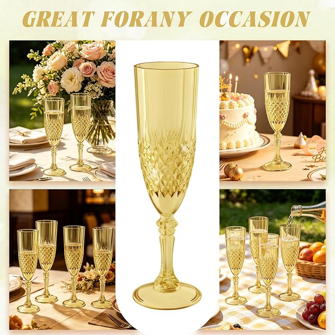 Plastic Champagne Flutes, Champagne Glasses Bulk, Reusable Unbreakable Acrylic Wine Glasses Goblets for Weddings Bachelor Parties Toasting Bridal Shower (24, Gold)