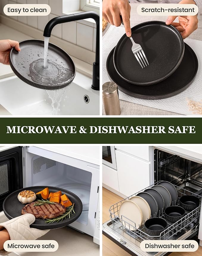 OTAGO 24-Piece Dinnerware Set for 6 with Mugs, Ribbed Stoneware Plates and Bowls Sets, Unique Handcrafted Reactive Glaze, Chip and Scratch Resistant Dish Set, Microwave & Dishwasher Safe, Black