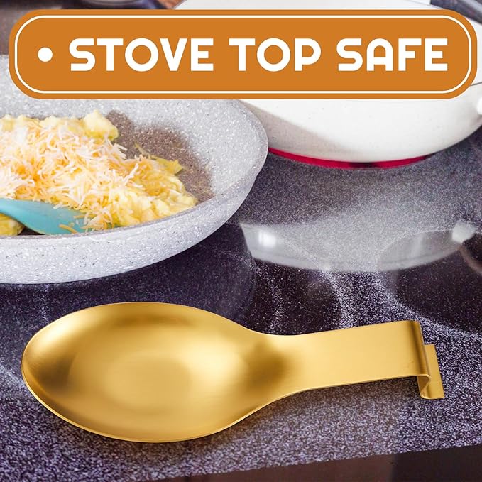 Nuanchu 10 Pcs Stainless Steel Spoon Rest Spatula Ladle Holder Spoon for Stove Top Heavy Duty Spatula Holder for Countertop Dishwasher Safe Utensil Rest for Kitchen, 3.8 x 9.6" (Gold)