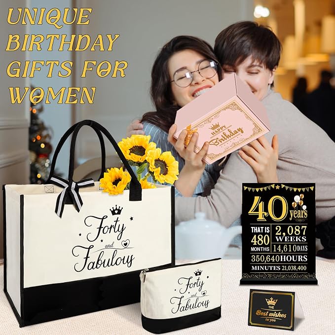YeohJoy 40th Birthday Gifts for Women 40 and Fabulous Canvas Tote Bag Travel Gear, Unique 40 Years Old Gifts for Wife Sister Mom Aunt Friends Her, Handbag & Cosmetic Bag & 40 Birthday Poster