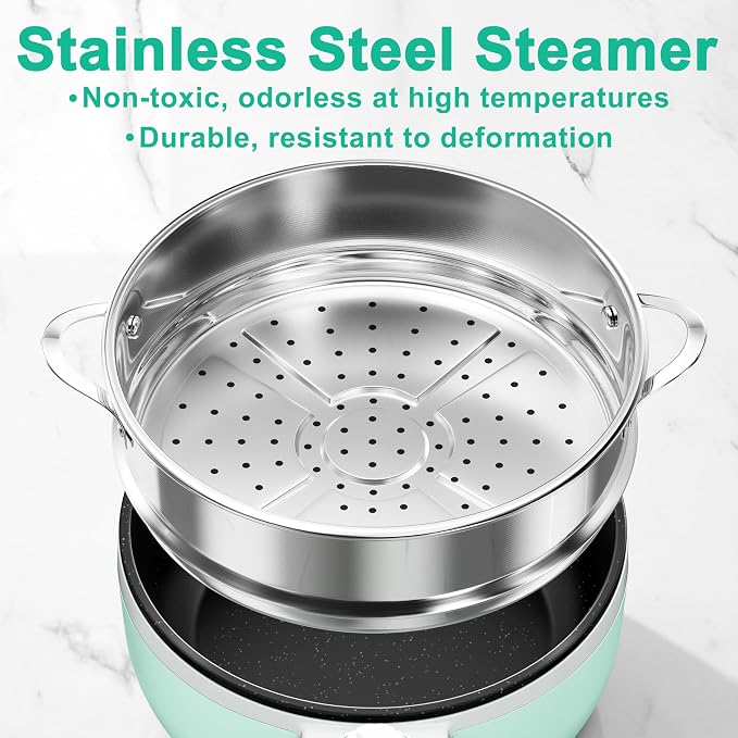 Dezin Hot Pot Electric with Steamer Upgraded, Non-Stick Sauté Pan, Rapid Noodles Electric Pot, 1.5L Mini Pot for Steak, Egg, Fried Rice, Ramen, Oatmeal, Soup with Power Adjustment